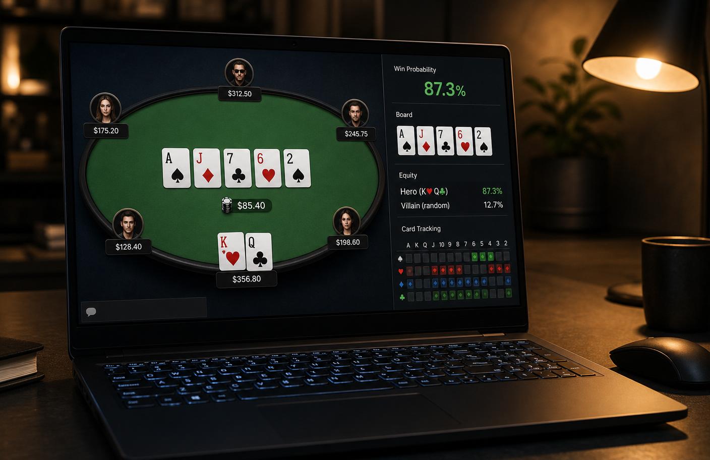 Player using the Advantage Players overlay on a laptop during an online poker session